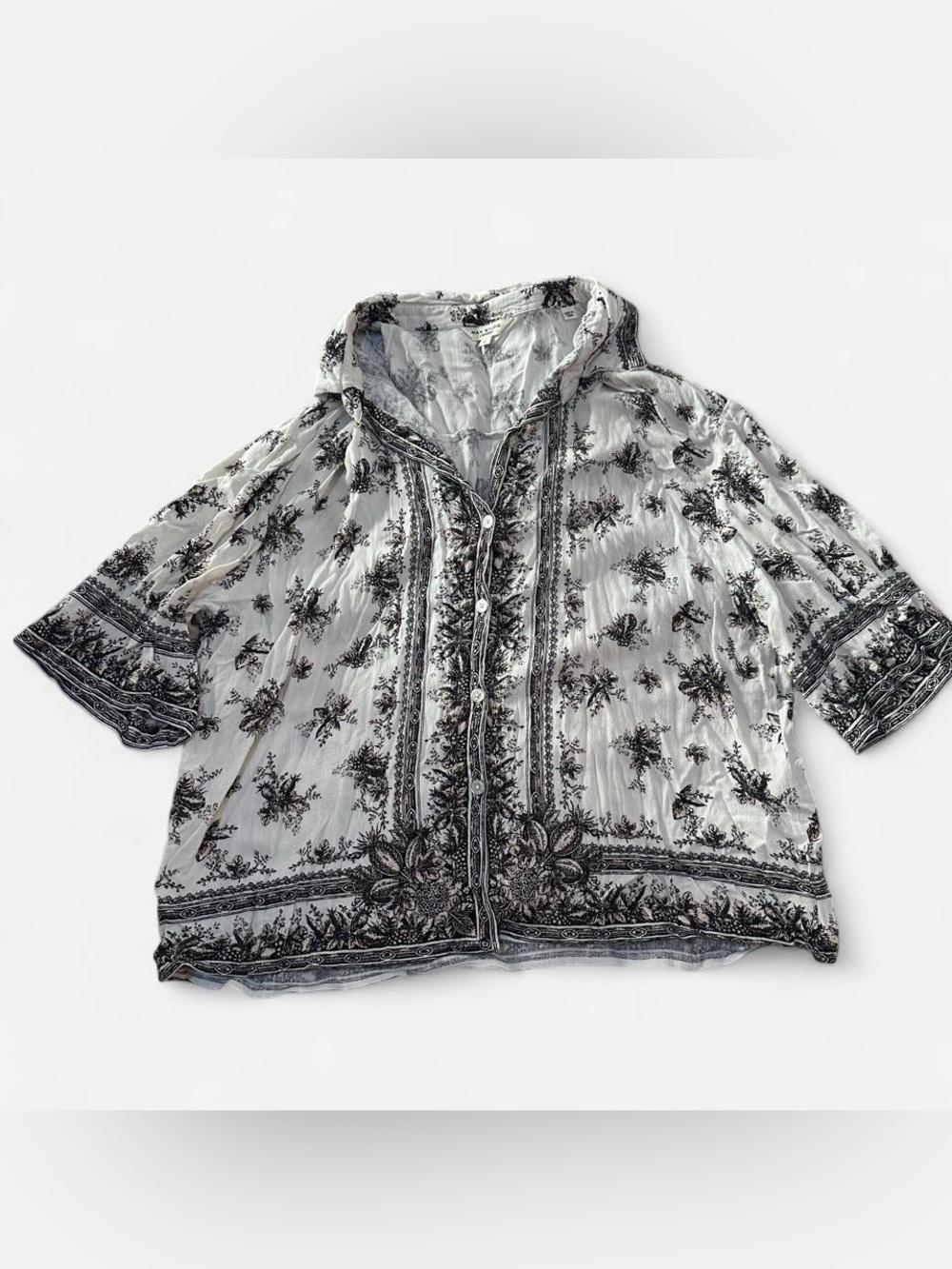 Max Studio Black & White Floral Button-Front Sheer Blouse